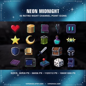 Könnte beinhalten: Eine Sammlung von 40 Retro-Nacht-Channel-Point-Icons im Pixel-Art-Stil. Die Icons umfassen ein Herz, Münzen, einen Stern, einen Mond, ein Schild, ein Schwert, eine Schatztruhe, einen Gamecontroller und einen Würfel. Der Text "NEON MIDNIGHT" und "40 RETRO NIGHT CHANNEL POINT ICONS" werden angezeigt.