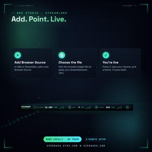 Animated live stats ticker widget for Twitch in a stock-market terminal style, scrolling follower count, subs and viewers with green up and red down arrows and CRT glow, a stream stats overlay for StreamElements and OBS.