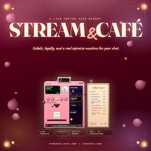 Könnte beinhalten: Digitales Bild für ein Twitch-Café-Widget mit dem Text "STREAM & CAFÉ". Das Bild zeigt eine rosa Espressomaschine, ein Menü und den Text "tickets, loyalty, and a real espresso machine for your chat."
