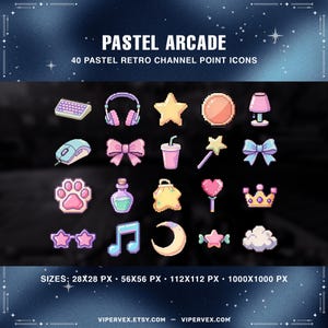 May include: A collection of 40 pastel retro channel point icons. The icons include a keyboard, headphones, stars, a circle, a lamp, a mouse, bows, a drink, a wand, a paw print, a potion, a bag, a heart, a crown, glasses, a musical note, a moon, a star, and a cloud.