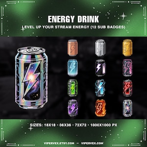 Könnte beinhalten: Grafik mit verschiedenen Designs von Energy-Drink-Dosen, jeweils mit Blitzmotiven. Der Text lautet "ENERGY DRINK" und "LEVEL UP YOUR STREAM ENERGY (12 SUB BADGES)". Die Bildgrößen sind: 18x18, 36x36, 72x72 und 1000x1000 px.