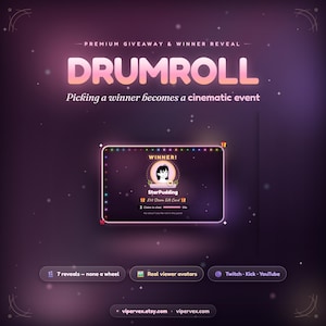 Può includere: Una grafica digitale per l'annuncio del vincitore di un giveaway intitolato DRUMROLL. Presenta un display centrale che mostra un vincitore di nome StarPudding con una carta regalo Steam da 50 $, circondato da piccole luci. I pulsanti in basso elencano funzionalità come 7 rivelazioni, avatar di spettatori reali e compatibilità della piattaforma per Twitch, Kick e YouTube.