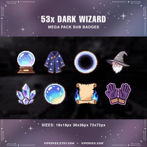 Puede incluir: Colección de insignias de suscripción de pixel art con temática de mago oscuro. La imagen incluye una bola de cristal, una túnica azul, un portal brillante, un mago, cristales, un orbe brillante, un pergamino y guantes morados. El texto dice "53x DARK WIZARD MEGA PACK SUB BADGES".