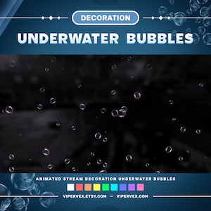 Puede incluir: Decoración animada de flujo de burbujas submarinas. Las burbujas son blancas y translúcidas, y flotan en un fondo azul oscuro. El texto "UNDERWATER BUBBLES" está en la parte superior de la imagen, y el texto "ANIMATED STREAM DECORATION UNDERWATER BUBBLES" está en la parte inferior de la imagen.