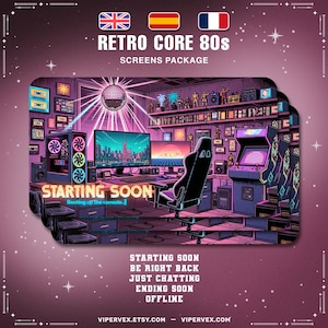 May include: A digital illustration of a retro gaming room with the text "RETRO CORE 80s SCREENS PACKAGE". The image features a computer, arcade machine, and the words "STARTING SOON". The color scheme is purple and pink.