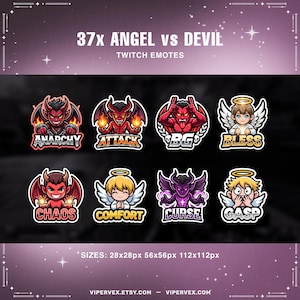 Könnte beinhalten: Eine Sammlung von 37 Twitch-Emotes zum Thema "Engel vs. Teufel". Die Emotes zeigen Cartoon-Teufel mit feurigen Details und Engel mit Heiligenschein und Flügeln. Jedes Emote hat ein einzigartiges Wort wie "Anarchy" oder "Bless".