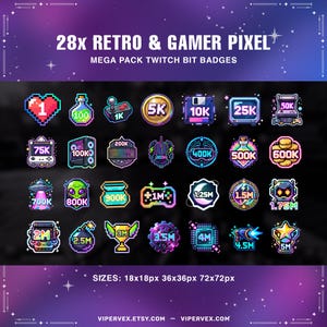 May include: A collection of 28 retro and gamer pixel Twitch bit badges. The badges include pixelated hearts, coins, computer consoles, and other gaming-related icons. The image also includes the text "MEGA PACK TWITCH BIT BADGES" and "SIZES: 18x18px 36x36px 72x72px".