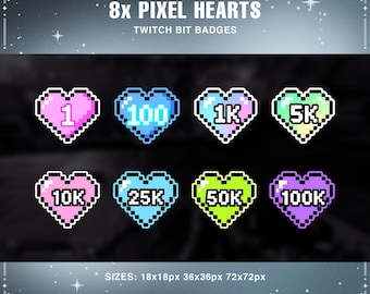 Pixel Hearts Twitch Bit Badges | 8 Retro Gaming Icons for Twitch, YouTube & Discord
