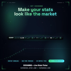 Animated live stats ticker widget for Twitch in a stock-market terminal style, scrolling follower count, subs and viewers with green up and red down arrows and CRT glow, a stream stats overlay for StreamElements and OBS.