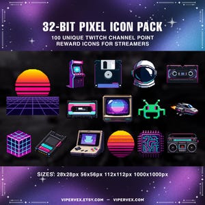 Könnte beinhalten: Ein Satz von 32-Bit-Pixel-Icons für Twitch-Streamer. Das Bild zeigt 100 einzigartige Channel-Point-Belohnungs-Icons, darunter ein Retro-Sonnenuntergang, eine Spielhalle, eine Diskette, ein Astronautenhelm, ein Kassettenband und mehr. Größen: 28x28px, 56x56px, 112x112px und 1000x1000px.