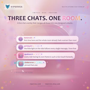 Könnte beinhalten: Eine digitale Chat-Overlay-Grafik mit dem Titel THREE CHATS. ONE ROOM. auf einem weichen, rosafarbenen Hintergrund mit schwebenden Konfetti-Elementen. Sie zeigt vier Benutzernachrichtenblasen mit Benutzernamen, Rollenabzeichen und Text für Twitch, Kick und YouTube.