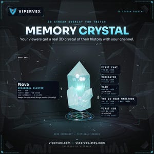 Puede incluir: Una superposición de transmisión 3D digital para Twitch titulada Memory Crystal, que presenta un cristal azul claro central sobre una base circular. El gráfico muestra datos de demostración, incluido el usuario Nova y varios eventos rastreados.