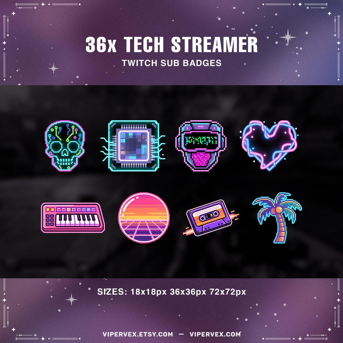Tech Pixel Art Twitch Sub Badges | 16-bit Cyberpunk Stream Icons (36 ...