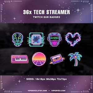 May include: A collection of 36 tech streamer Twitch sub badges. The badges include a pixelated skull, circuit board, VR headset, heart, keyboard, sunset, cassette tape, and palm tree. The text "36x TECH STREAMER" and "TWITCH SUB BADGES" are displayed.