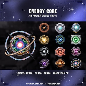 Peut inclure: Impression d'art numérique présentant des designs "ENERGY CORE" avec 12 niveaux de puissance. L'image présente diverses illustrations circulaires et futuristes de noyaux énergétiques dans une gamme de couleurs, avec des tailles de 18x18, 36x36, 72x72 et 1000x1000 px.