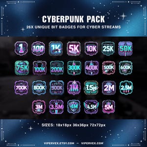 May include: A Cyberpunk Pack graphic with 26 unique bit badges for cyber streams. The badges are in various colors, including pink, blue, and green, with numbers and symbols. Sizes are 18x18px, 36x36px, and 72x72px.