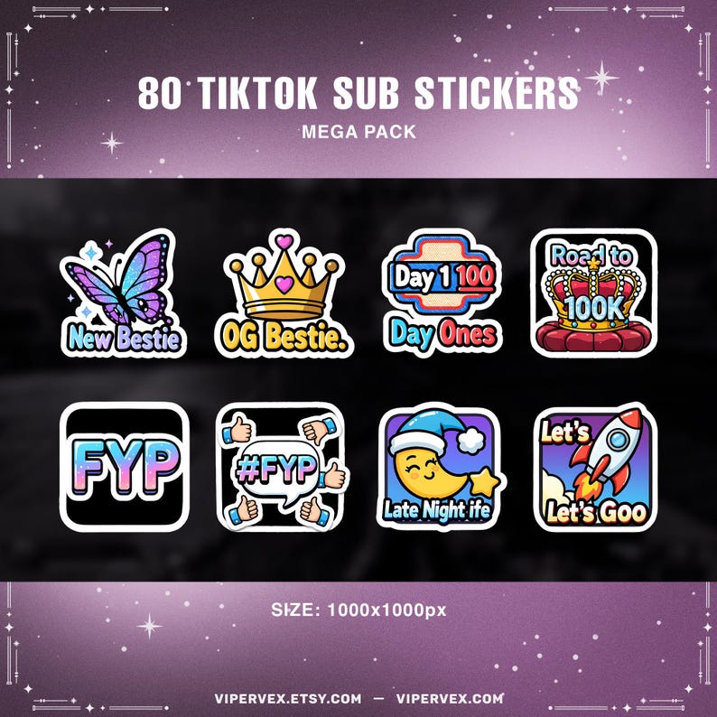 A graphic detailing the digital file specifications: 80 stickers, 1000x1000px size, PNG format, transparent background