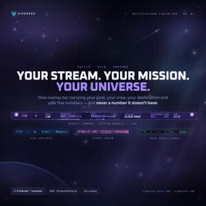 May include: A digital multiplatform stream HUD overlay featuring a dark purple space-themed background with stars. Text reads: YOUR STREAM. YOUR MISSION. YOUR UNIVERSE. Includes data modules for crew, objectives, location, followers, subs, and time.
