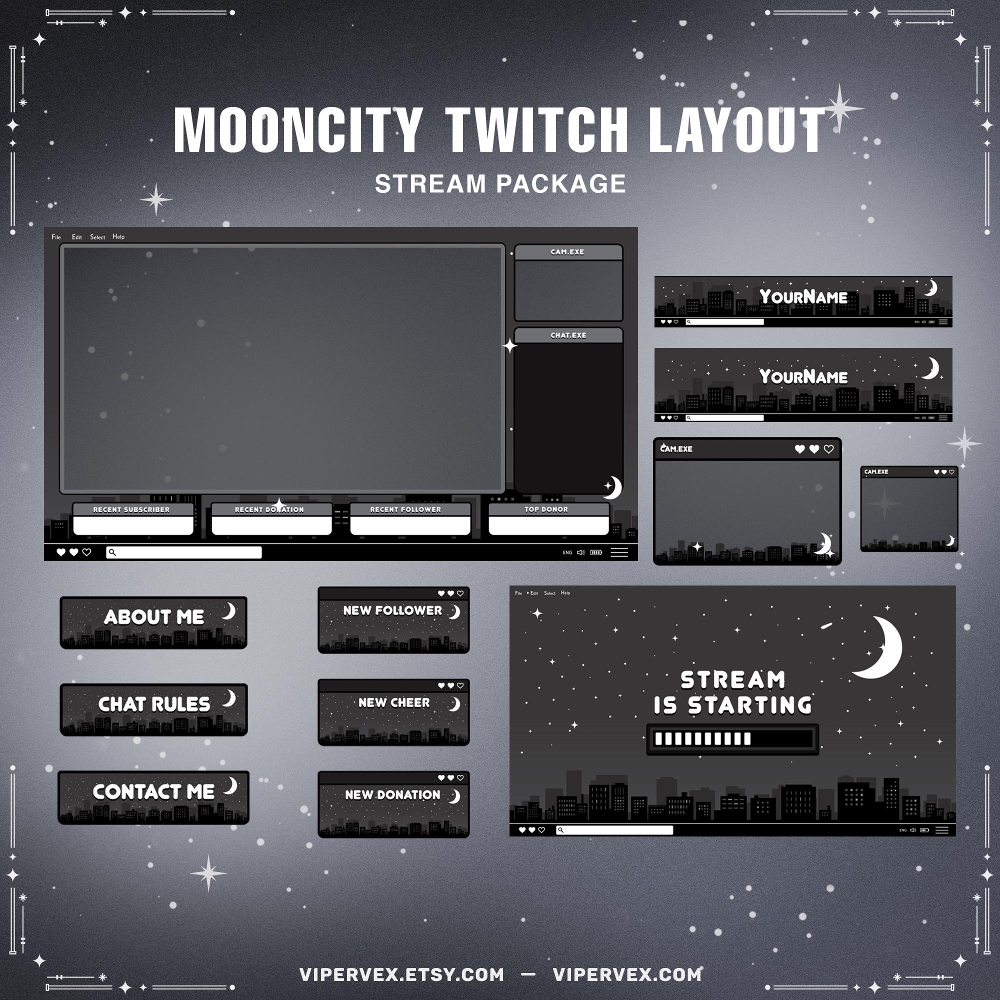 Animated Moon Twitch Overlay Package: Dark Stream Layout (digital