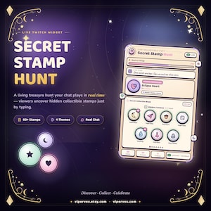 May include: A digital advertisement for a live Twitch widget called "Secret Stamp Hunt." The design features a smartphone displaying the game interface, with collectible stamps and themes. The background is a dark purple with stars and decorative celestial elements.