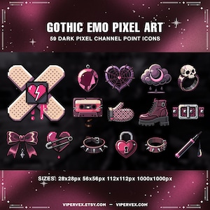 Könnte beinhalten: Sammlung von 59 dunklen Pixel-Art-Symbolen mit einem Gothic- und Emo-Thema. Die Symbole umfassen ein Pflaster mit einem verpixelten Herzen, eine Kassette, einen Stiefel, ein herzförmiges Schloss und einen Totenkopfring. Der Text "GOTHIC EMO PIXEL ART" steht oben.