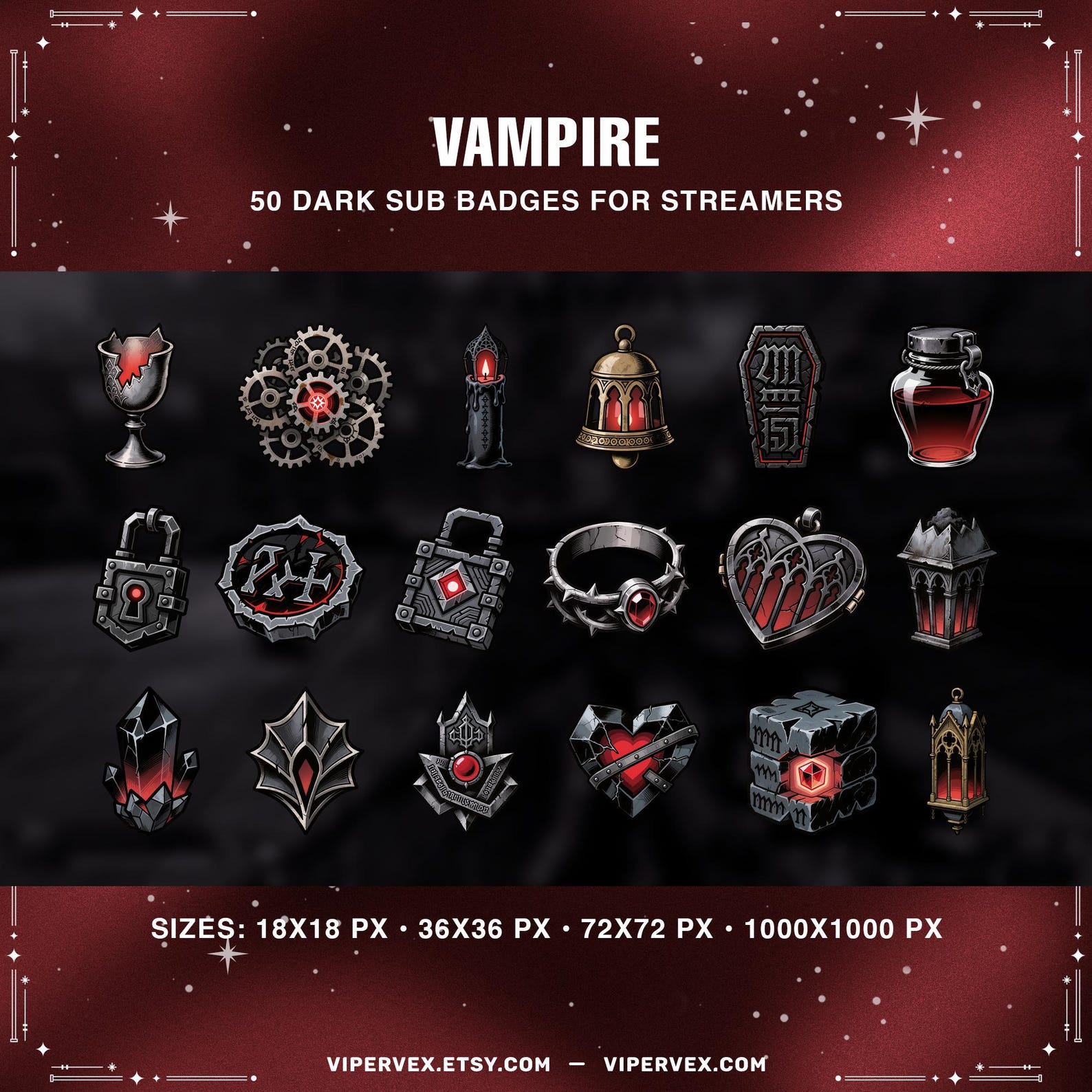 Vampire Twitch Sub Badges | Gothic Blood Moon Icons • Dark Fantasy ...