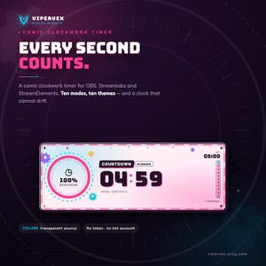 May include: A digital countdown timer widget for streaming software featuring a pink and white gradient interface. The display shows 04:59 remaining, a circular progress indicator, and the text EVERY SECOND COUNTS. It includes 720x280 transparent source.