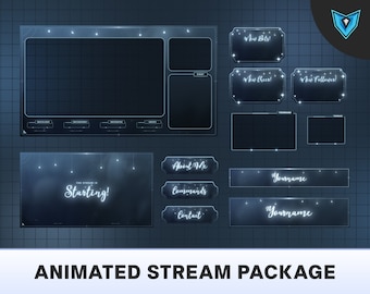 May include: Animated Twitch stream overlay package with a blue and white colour scheme. The overlay includes a starting screen, a chat box, a new bits alert, a new cheers alert, a new follower alert, an about me section, a commands section, a contact section, and two social media banners.
