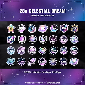 May include: A collection of 28 Twitch bit badges with a celestial theme. Each badge features a unique design, including stars, planets, and moons, with numbers ranging from 1 to 5M. The badges are set against a purple and blue starry background.