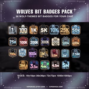 Könnte beinhalten: Ein Paket mit 26 Wolf-Bit-Abzeichen für den Online-Chat. Jedes Abzeichen zeigt eine Wolfsillustration mit Zahlen von 1 bis 5M. Die Abzeichen sind in verschiedenen Farben und Größen erhältlich, darunter 18x18px, 36x36px, 72x72px und 1000x1000px.