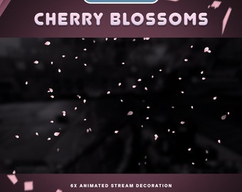 Puede incluir: Superposición animada de transmisión con flores de cerezo rosas cayendo sobre un fondo oscuro. El texto "CHERRY BLOSSOMS" está en la parte superior de la imagen. El texto "6X ANIMATED STREAM DECORATION" está en la parte inferior de la imagen. El texto "VIPERVEX.ETSY.COM - VIPERVEX.COM" está en la parte inferior de la imagen.