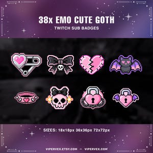 Könnte beinhalten: Pixel-Art Twitch-Sub-Badges mit Emo- und Gothic-Thema. Die Badges zeigen eine Sicherheitsnadel mit Herz, eine Schleife mit Totenkopf, ein zerbrochenes Herz, eine Fledermaus, ein Halsband, einen Totenkopf mit Schleife, ein Schloss und ein herzförmiges Schloss. Der Text lautet "38x EMO CUTE GOTH".