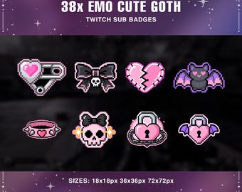 Pink Emo Goth Pixel Art Twitch Sub Badges (Digital Download)