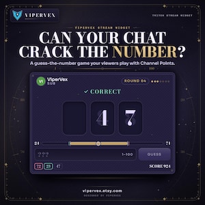 Può includere: Un'interfaccia digitale viola scuro per un widget di streaming Twitch intitolata CAN YOUR CHAT CRACK THE NUMBER? con un gioco di indovina il numero. Il display mostra ROUND 04, lo stato CORRECT, tre caselle con 4 e 7, un cursore e un punteggio di 924.