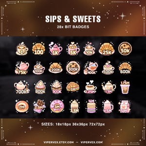 Op de afbeelding: Een verzameling van 28-bit badges met verschillende zoetigheden en drankjes. De badges bevatten afbeeldingen van koffiekopjes, croissants, theepotten, koekjes en andere lekkernijen, met getallen die hoeveelheden aangeven. De tekst "SIPS & SWEETS" staat bovenaan.