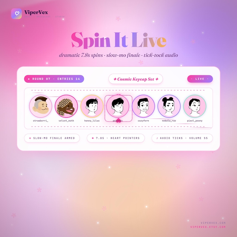 Stream widget chat roulette overlay for twitch designed to randomly pick viewers from chat for rewards, games, and giveaways. This interactive tool enhances community engagement and creates fun live stream experiences across gaming and vtuber channels.