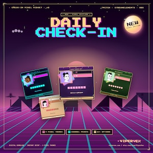 May include: A digital graphic with a retro aesthetic, featuring the text "DAILY CHECK-IN" in pixelated font. The image showcases four pixel-themed widgets with cartoon avatars. Additional text includes "4 PIXEL THEMES" and "CHANNEL POINTS."