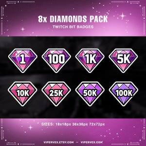 以下が含まれることがあります： ピンクと紫の色合いの、ダイヤモンド型のTwitchビットバッジ8個セット。白いアウトライン付き。各バッジには数字が表示されています：1、100、1K、5K、10K、25K、50K、100K。「8x DIAMONDS PACK」と「TWITCH BIT BADGES」の文字が上部にあります。