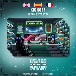 Puede incluir: Paquete de pantallas de juego digitales con temática de fútbol. La imagen presenta una configuración de juego con monitores, una computadora y balones de fútbol. El texto incluye "KICKOFF" y mensajes de estado de transmisión.