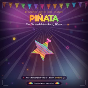 Op de afbeelding: Een stervormige piñata met een regenboogkleurig franjepatroon tegen een paarse zonnestraalachtergrond. De tekst luidt: BY VIPERVEX, PIÑATA, The Channel-Points Party Piñata, Your whole chat whacks it — then it BURSTS en vipervex.etsy.com.