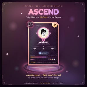Könnte beinhalten: Eine digitale ID-Karten-Grafik mit dem Titel ASCEND Daily Check-In Portal Reveal. Die Karte zeigt einen zentralen Avatar einer Person mit Brille, den Namen Lunaberry, Level 47 und Statistiken wie 167 Check-ins, eine 40-Tage-Serie und 107 love sent.