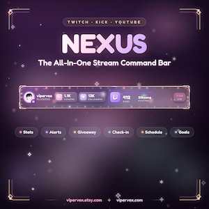 Puede incluir: Un gráfico de barra de comandos de transmisión digital titulado NEXUS The All-In-One Stream Command Bar. Presenta un panel central que muestra el número de espectadores, seguidores, suscriptores y el estado del juego, con botones para Stats, Alerts, Giveaway, Check-in, Schedule y Goals.