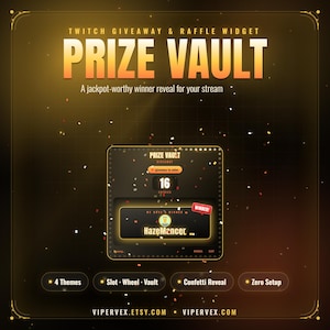 May include: A digital Twitch giveaway and raffle widget titled Prize Vault. The interface features a central box displaying 16 entries, a winner reveal section showing the username HazeMancer, and buttons for 4 themes, slot, wheel, vault, and confetti.