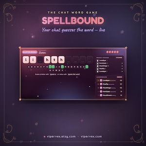 May include: A digital interface for the chat word game Spellbound, featuring a dark purple background with a central game board displaying the letters l, i, h, t, h in light pink boxes, a letter selection grid, a recent guesses list, and a leaderboard.