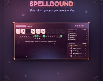 May include: A digital interface for the chat word game Spellbound, featuring a dark purple background with a central game board displaying the letters l, i, h, t, h in light pink boxes, a letter selection grid, a recent guesses list, and a leaderboard.