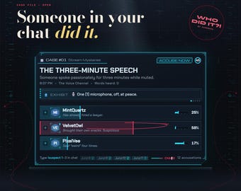 May include: A digital interface graphic titled Case #01 Stream Mysteries: The Three-Minute Speech. It features a list of suspects including MintQuartz, VelvetOwl, and PixelVee with accusation percentages, a microphone exhibit, and the text Someone in your chat did it.
