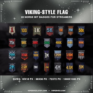 May include: A collection of 28 Viking-style flag bit badges for streamers. Each badge is a banner with a number, ranging from 1 to 5M, in various colors. The image also includes the sizes of the badges in pixels.