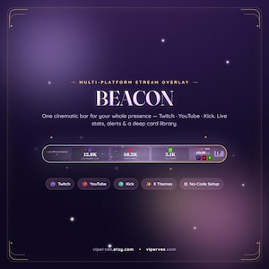 May include: A multi-platform stream overlay titled BEACON featuring a cinematic bar for Twitch, YouTube, and Kick. The design includes live stats, alerts, a deep card library, and buttons for Twitch, YouTube, Kick, 8 themes, and a no-code setup option.
