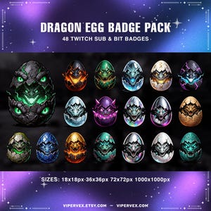 Op de afbeelding: Een verzameling van 16 draken ei badges in verschillende kleuren, waaronder groen, blauw, paars en goud. De tekst "DRAGON EGG BADGE PACK" en "48 TWITCH SUB & BIT BADGES" staan bovenaan. De maten zijn 18x18px, 36x36px, 72x72px en 1000x1000px.