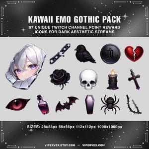 May include: A collection of Kawaii Emo Gothic icons for Twitch channel point rewards. The image includes a variety of dark aesthetic icons such as a skull, broken heart, raven, and a bat. The text reads "KAWAII EMO GOTHIC PACK" and "97 UNIQUE TWITCH CHANNEL POINT REWARD ICONS FOR DARK AESTHETIC STREAMS."